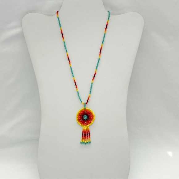 Striking Colorful Beaded Medallion Necklace - Picture 6 of 10
